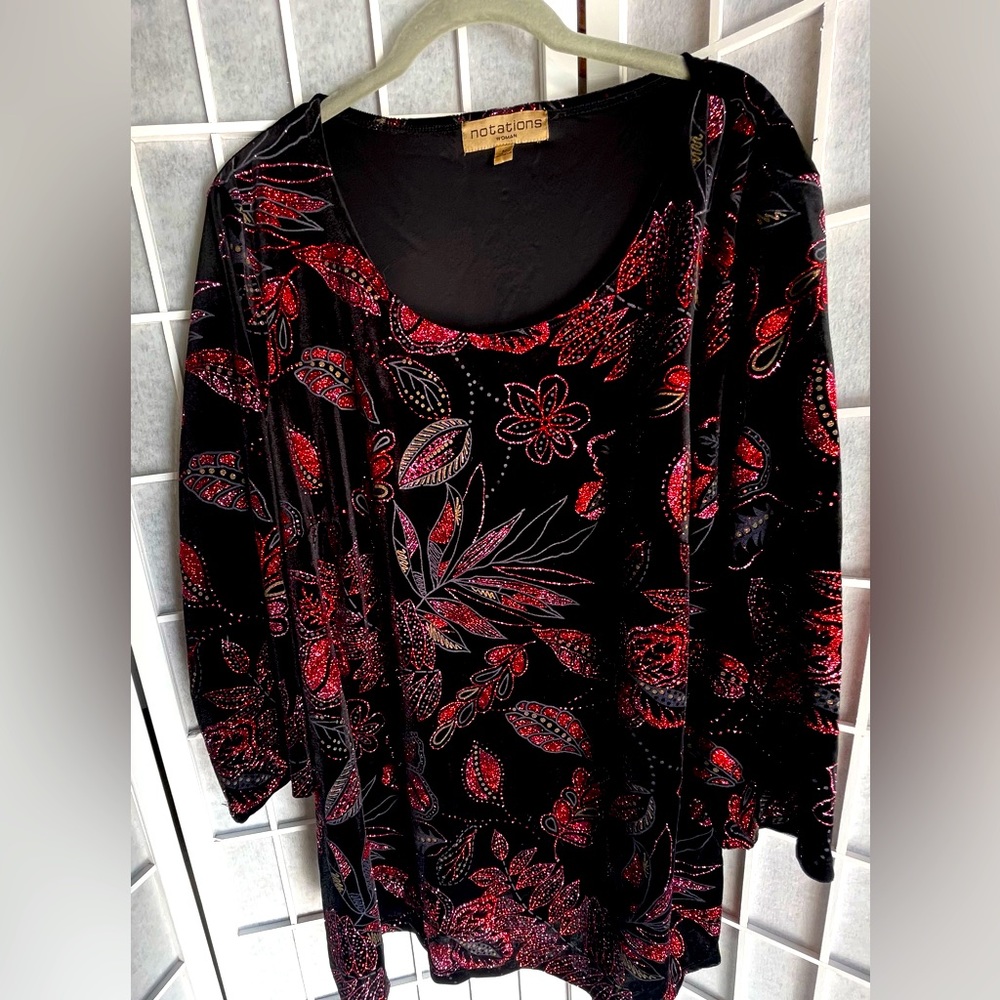 Women’s Plus Size 3x~ Red Glitter on Velvet Holiday/Evening Top, Stretchy Fabric